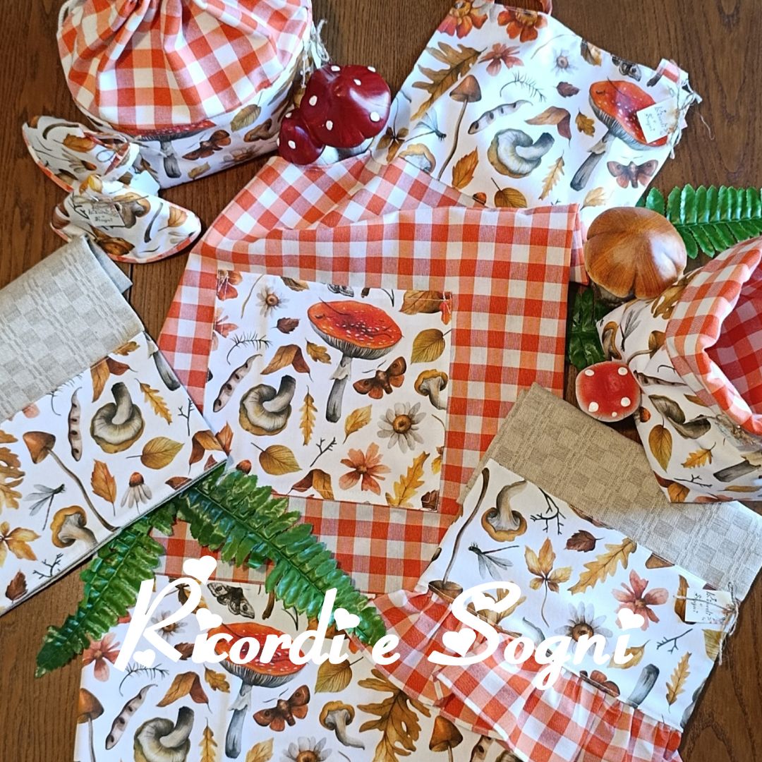 Foglie e Funghi d'Autunno - Cestino Porta Pane in Arancione con Coulisse - immagine 3