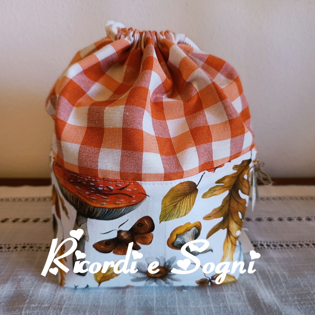 Foglie e Funghi d'Autunno - Cestino Porta Pane in Arancione con Coulisse