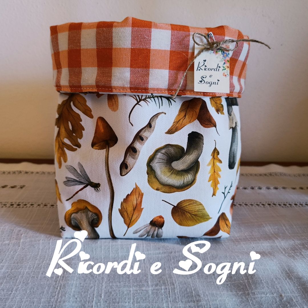 Foglie e Funghi d'Autunno - Cestino Porta Pane in Arancione con Coulisse - immagine 2