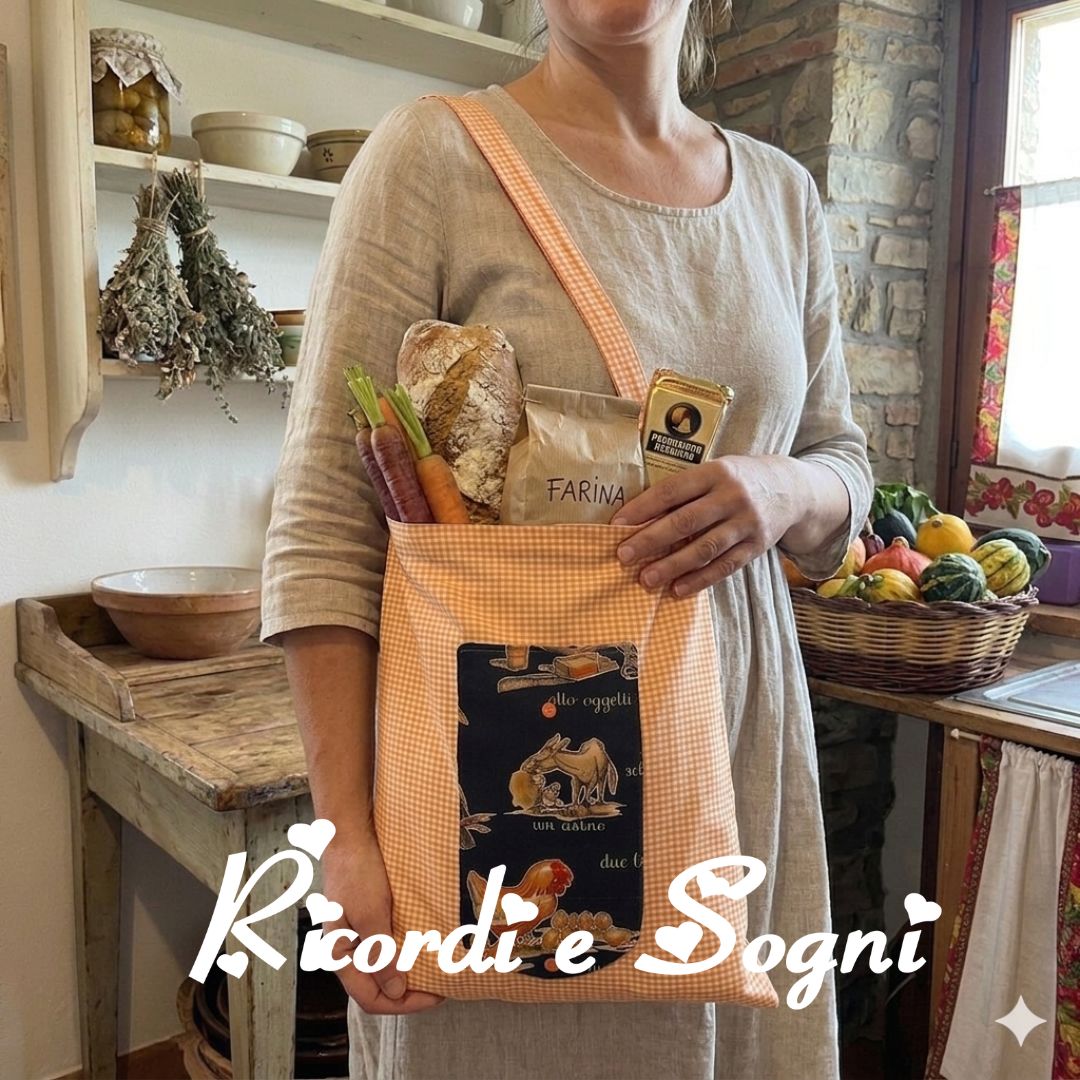 Shopper a quadretti bianco/arancio con tasca nera fantasia