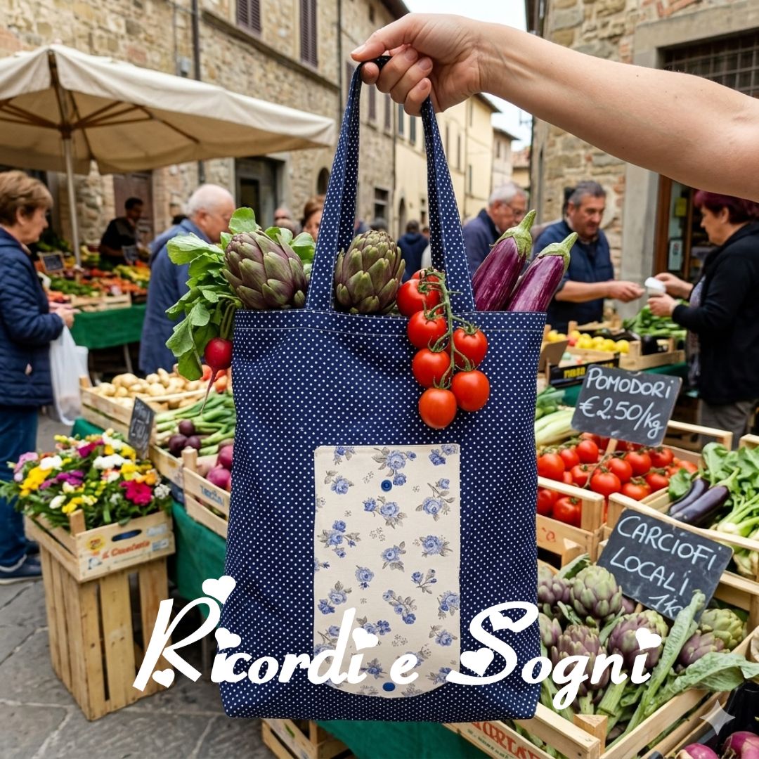 Shopper blu a pois bianchi con tasca bianca fantasia