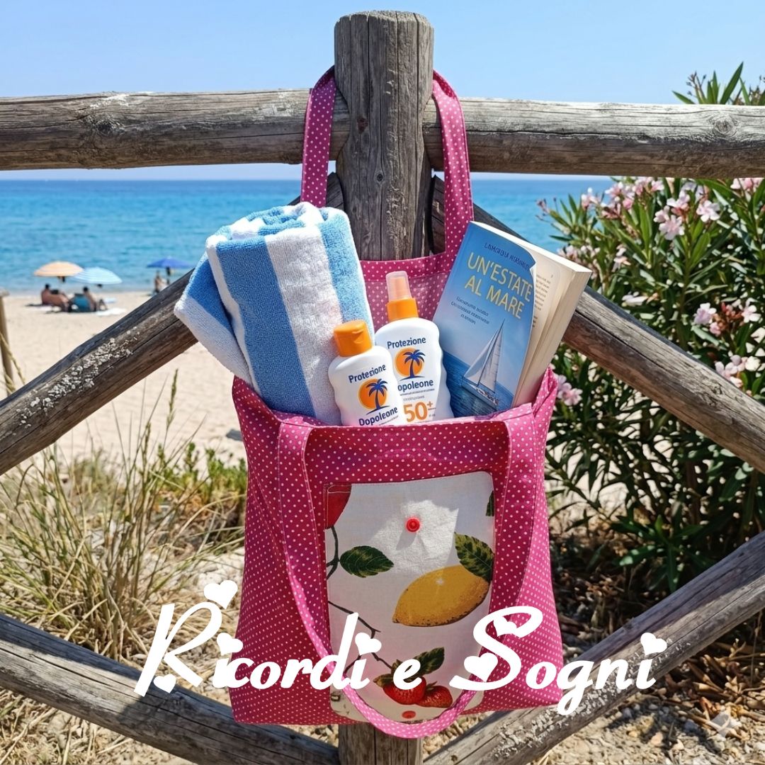 Shopper rossa a pois bianchi con tasca bianca con frutta