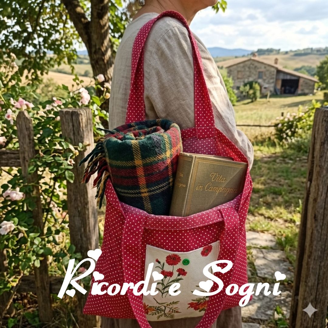 Shopper rossa a pois bianchi con tasca color burro a fiori