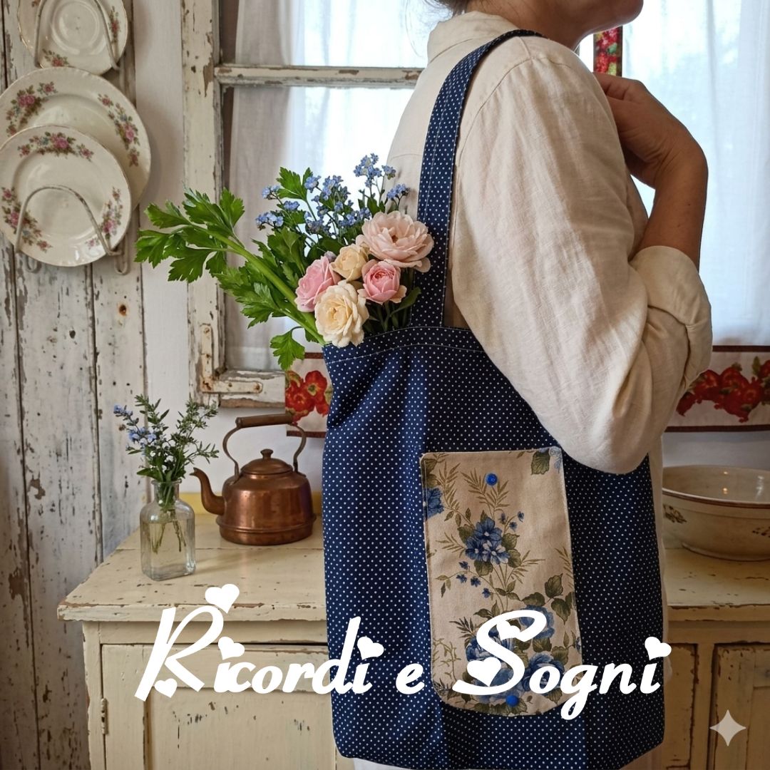 Shopper blu a pois bianchi con tasca beige in fantasia fiorita